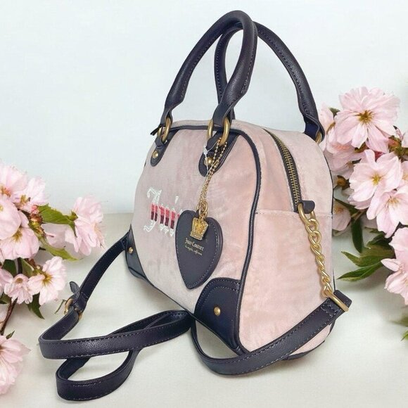 Juicy Couture Retro Vibe Pink Velour Brown Trim with Heart Charm Satchel Bag NWT - Picture 6 of 10